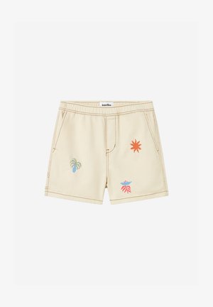 Shorts beiges avec taille élastique, deux poches latérales et trois motifs brodés colorés : un soleil orange, une plante bleue et un corail rouge.