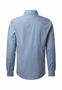Hellblaues Langarmhemd aus glattem Stoff, mit klassischem Kragen und knöpfbarem Manschette. Die Rückseite hat ein sauberes, schnittiges Erscheinungsbild.