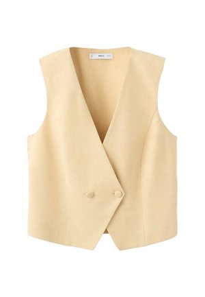 Chaleco beige sin mangas con escote en V, cierre de doble botón y dobladillo recto. Hecho de tela texturizada con superficie lisa.