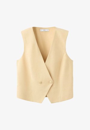 Chaleco beige sin mangas con escote en V, cierre de doble botón y dobladillo recto. Hecho de tela texturizada con superficie lisa.