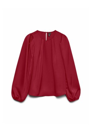 Raudona ilgarankovė palaidinė su apvaliomis kaklo iškirptėmis, minkšta medžiaga, klostuotas dizainas ir elastingos rankogaliai. Su užsegimu nugaros dalyje su raktu.