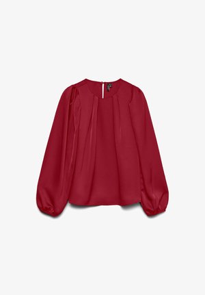 Blusa rossa a maniche lunghe con scollo rotondo, tessuto morbido, design plissettato e polsini elastici. Presenta una chiusura posteriore a goccia.