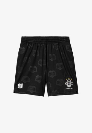 Pantalones cortos negros con un sutil patrón tonal que presenta corazones y motivos de piano. Cintura elástica, aberturas laterales y logotipos en el dobladillo.