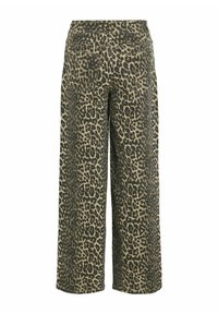 Hlače širokih nogavic z leopardjim vzorcem v olivno zeleni in peščeni barvi, z udobnim krojem in dvema zadnjima žepoma. Mehka tkanina z gladko teksturo.