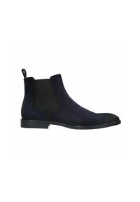 Marineblauwe suède Chelsea boot met elastische zijkanten en een trekband. Rondingen in de neus, platte zwarte zool en decoratieve stikseldetails.