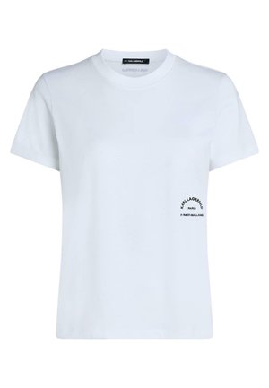 Camiseta blanca de manga corta con cuello redondo y pequeño texto negro "KARL LAGERFELD PARIS 21 RUE ST-GUILLAUME" en la parte inferior derecha del frente.