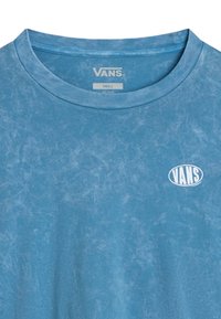 Blaues Baumwoll-T-Shirt mit einer weichen, strukturierten Oberfläche. Mit Rundhalskragen und einem weißen Vans-Logo auf der Brust. Größe: klein.