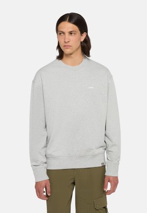 Grauer Pullover mit rundem Ausschnitt und langen Ärmeln. Mit gerippten Bündchen und Saum, kleiner Markenetikett auf der Vorderseite. Leichter Stoff.
