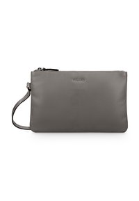 Graue Leder-Handgelenktasche mit Reißverschluss oben und kleinem, nahe der oberen Mitte geprägt Logo, mit einem dünnen Handgelenkriemen an der Seite.