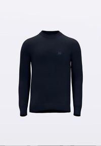 Pulover negru cu un design texturat, guler rotund și mâneci lungi. Are un mic patch cu logo pe piept.