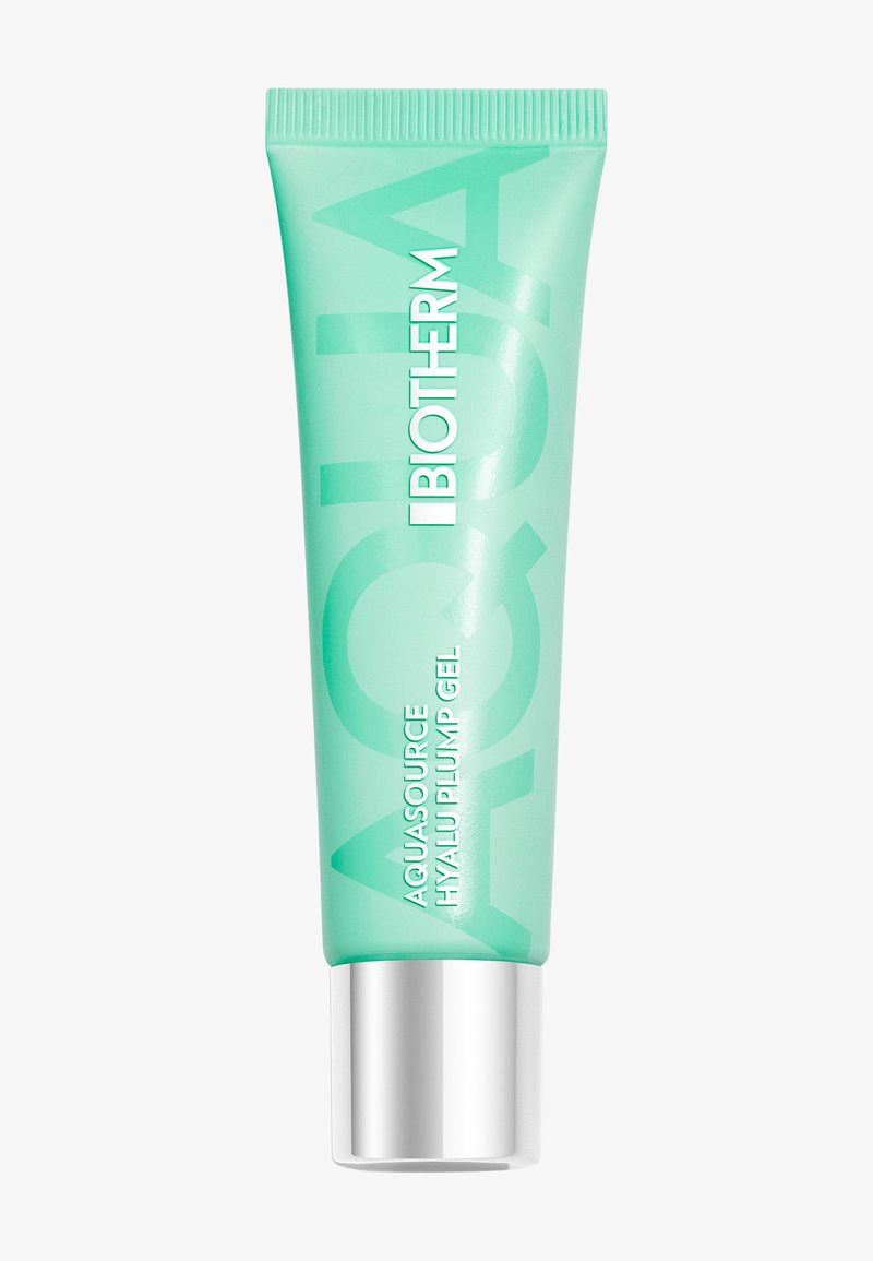 Biotherm Aquasource Hyalu Plump Gel i en lille mintgrøn tube med sølvkapsel, vertikal hvid tekst på forsiden.