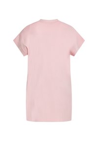 Kurzes rosa Kurzarmkleid mit einfachem, lockerem Schnitt. Besitzt einen runden Ausschnitt und eine glatte, feine Stricktextur. Keine sichtbaren Muster oder Akzente.