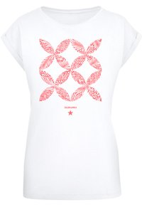 Weißes T-Shirt mit kurzen Ärmeln, das in der Mitte ein korallenblattes Muster zeigt und darunter einen kleinen roten Stern neben dem Text "FANTASTISCH".