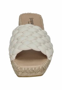 White braided slide sandal with open toe, jute-wrapped platform sole, and stitched accents. Smooth texture with a flat footbed.