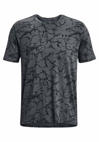 Mörkgrå träningströja med ett sprucket mönster, korta ärmar och rund krage. Har Under Armour-logotypen på bröstet.