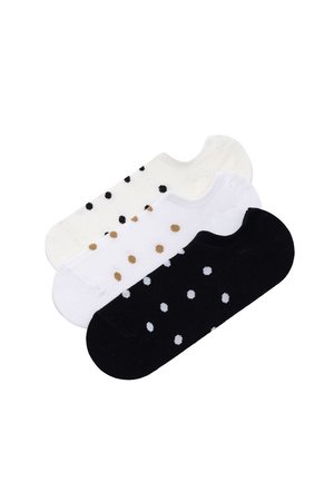 Trzy pary skarpetek do kostek: białe w czarne kropki, białe w brązowe kropki oraz czarne w białe kropki, ułożone na sobie.