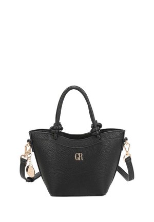 Sac à main en cuir noir texturé avec double poignée, bandoulière amovible, ferrures dorées et logo "GR" à l'avant.