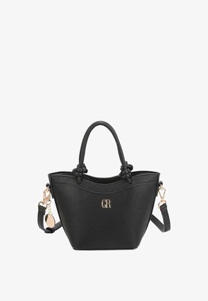 Sac à main en cuir noir texturé avec double poignée, bandoulière amovible, ferrures dorées et logo "GR" à l'avant.