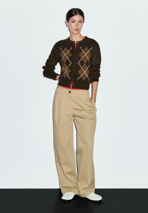 Kvinna står med händerna i fickorna iklädd en brun argylecardigan, röd skjorta, beige vida byxor och vita skor mot vit bakgrund.