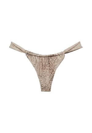 Beige Bikinihose mit Animal-Print, gerafften Seiten und einem schmalen, hoch ausgeschnittenen Design.