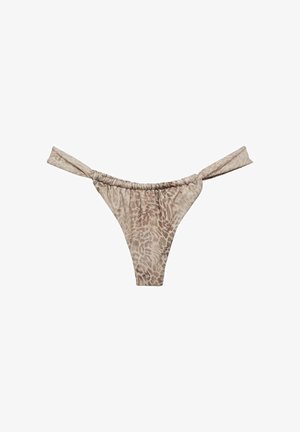 Chilot de bikini bej cu imprimeu animal, cu părți laterale adunate și un design îngust, cu talie înaltă.