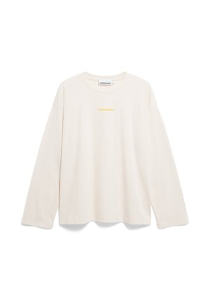 Lange mouwen, lichtbeige t-shirt gemaakt van zachte katoen. Heeft een ronde halslijn en een klein geel logo-tekst in het midden.
