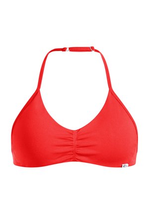 Haut de bikini rouge avec un design à col halter, des bonnets simples, un centre froncé et une bande arrière réglable. Texture lisse et sans motifs proéminents.