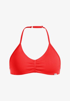 Haut de bikini rouge avec un design à col halter, des bonnets simples, un centre froncé et une bande arrière réglable. Texture lisse et sans motifs proéminents.