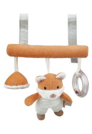 Plush fox toy with orange corduroy body, white accents, striped light blue overalls; includes hanging bell and colorful ring.
