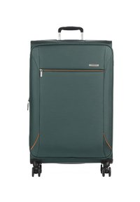 Valigia rigida in materiale verde scuro, dotata di maniglia superiore, quattro ruote, tasca frontale con zip e cuciture decorative arancioni.