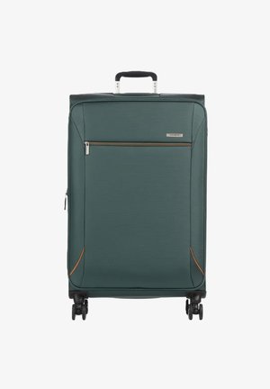Valigia rigida in materiale verde scuro, dotata di maniglia superiore, quattro ruote, tasca frontale con zip e cuciture decorative arancioni.