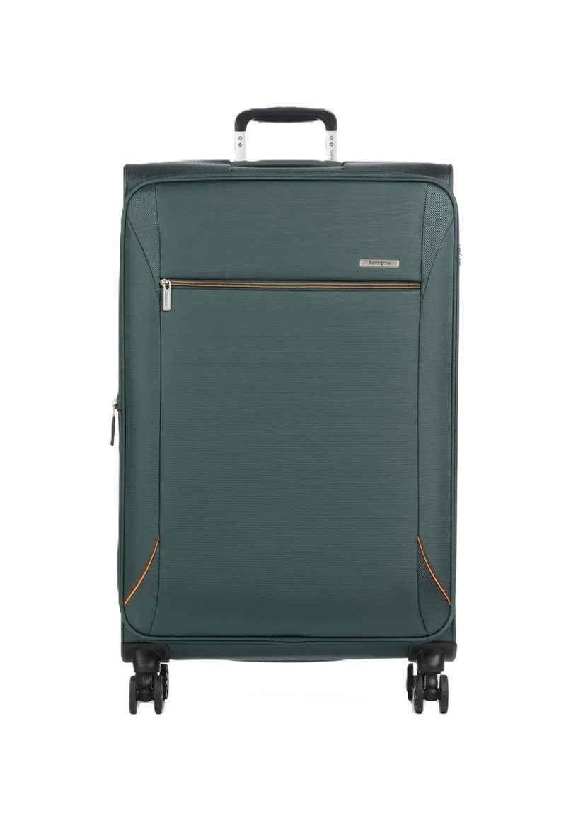 Valigia rigida in materiale verde scuro, dotata di maniglia superiore, quattro ruote, tasca frontale con zip e cuciture decorative arancioni.