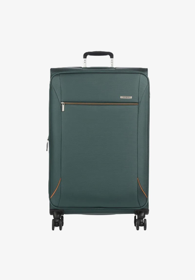Valigia rigida in materiale verde scuro, dotata di maniglia superiore, quattro ruote, tasca frontale con zip e cuciture decorative arancioni.