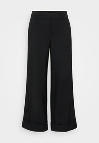 Melnas platas kājas bikses, izgatavotas no gludas auduma, ar plakanu priekšpusi, divām sānu kabatām un paceltām apakšmalām, lai pievienotu papildus detaļas.