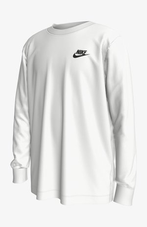 Biela mikina s dlhým rukávom vyrobená z jemnej tkaniny, so čiernym logom Nike na hrudi, s rebrovanými manžetami a detailmi na výstrihu.