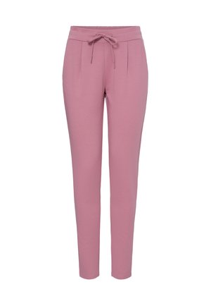 Pantaloni conici mov cu talie cu șnur și pliuri, picioare drepte, țesătură netedă, fără buzunare sau modele vizibile.