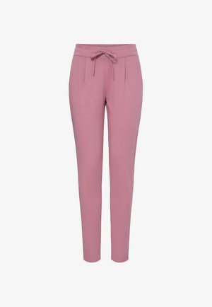 Pantalon fuselé mauve avec taille à cordon de serrage et plis, jambes droites, tissu lisse, sans poches visibles ni motifs.