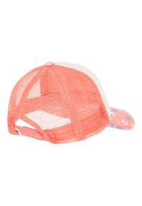 Trucker cap with a coral mesh back, white front panel, and a colorful patterned brim featuring various small designs. Adjustable snapback closure.