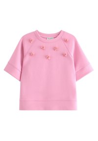 Felpa rosa con maniche raglan corte, decorata con gruppi di fiori decorativi. Realizzata in tessuto morbido con vestibilità comoda.