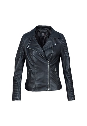 Czarna skórzana kurtka motocyklowa o dopasowanym kroju, asymetrycznym zamku błyskawicznym, prążkowanych detalach na ramionach oraz dwoma zasuwanymi bocznymi kieszeniami.