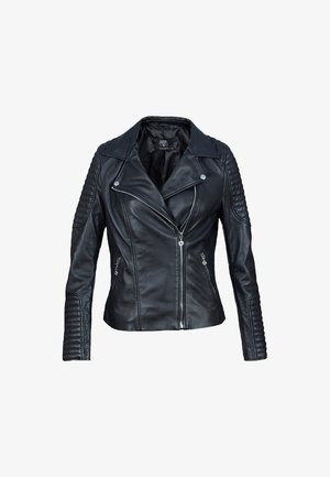 Zwarte leren motorjack met een getailleerd ontwerp, asymmetrische ritssluiting, geribbelde schouderdetails en twee zijzakken met rits.