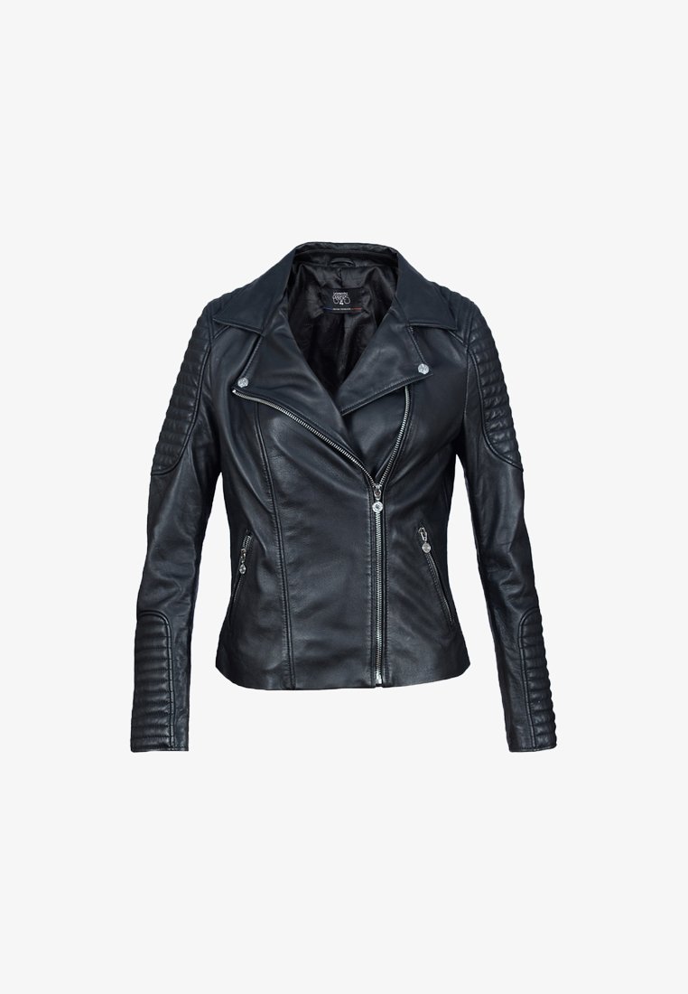 Veste de moto en cuir noir au design ajusté, avec une fermeture éclair asymétrique, des détails côtelés aux épaules et deux poches latérales zippées.