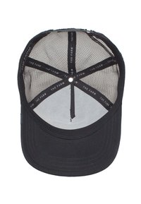 Gorra de béisbol negra con una parte frontal estructurada, parte trasera de malla y etiqueta interior que dice "THE FARM". Presenta un visor redondeado y cierre de snapback.