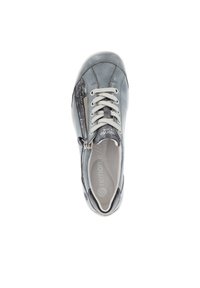 Gray leather sneaker with textured surface, round toe, and contrasting white laces. Features a zippered side and cushioned insole.