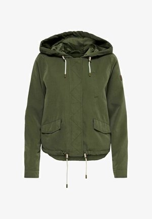 Groene lichtgewicht hooded jas met een voorrits, twee zijzakken en een trekkoordverstelling in de taille en capuchon. Gladde textuur.