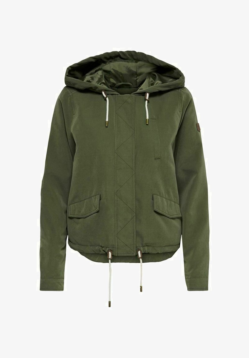 Casaco leve verde com capuz, fecho de correr frontal, duas bolsos laterais e ajustamentos com cordão na cintura e no capuz. Textura suave.