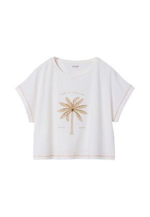 White short-sleeve shirt with beige palm tree graphic and text "Keep It Tropical, Forever Summer" across the chest, orange stitching on sleeves and hem.