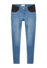 Jeans ajustados de denim azul con una cinturilla negra, bolsillos frontales y un cierre de botón. Textura suave con ligero desvanecimiento.