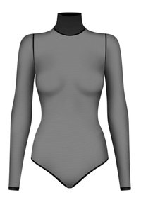 Długi rękaw bodysuit z szarej siateczki, z wysokim kołnierzem i czarnymi wykończeniami, o dopasowanym kroju i gładkiej teksturze.