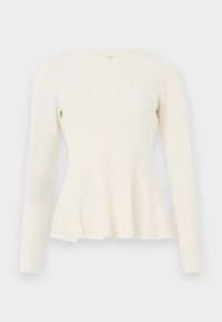 Long-sleeve, ribbed knit top in off-white with a round neckline and flared hemline. Soft texture with a fitted bodice and flowing bottom.